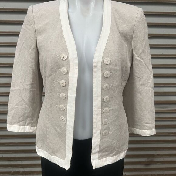 Harve Bernard open front blazer career linen blend beige with cream size 4 - Picture 2 of 8